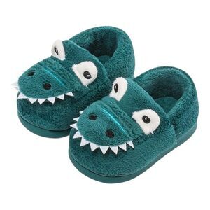 JACKSHIBO Boys Warm Green Fur Lined Dinosaur House Slippers Size 2